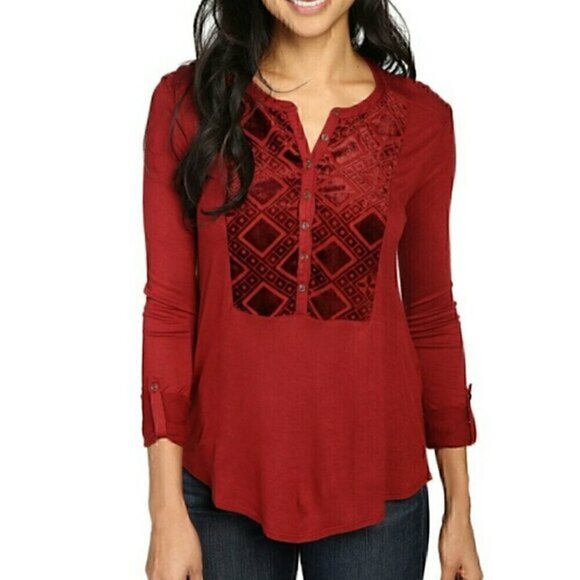 LUCKY BRAND Plus Size Burnout Velvet Bib Henley Top Burgundy Maroon Red Roll Tab - Picture 1 of 14